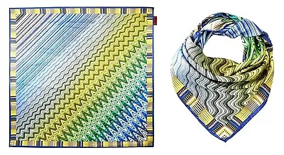 MISSONI AUTHENTIC 35  X 35  SILK SATIN WAVES PRINT SCARF BLUE/LIME MADE IN ITALY • $149.99