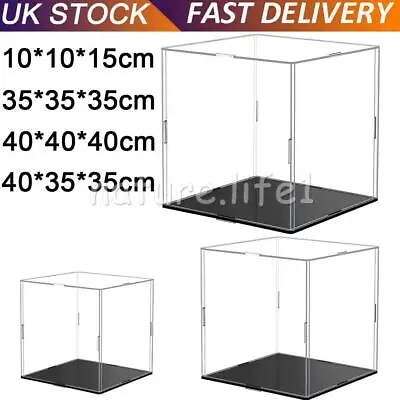 Clear Acrylic Display Case Perspex Box Plastic Black Base Dustproof 4 Sizes • £9.78