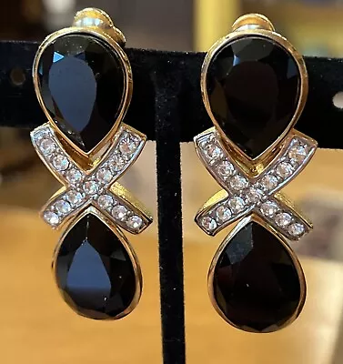 Vintage Les Bernard Black Glass Rhinestones Dangle Drop Clip On Earrings Elegant • $49.99