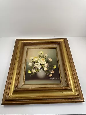 Vintage Signed Oil Painting Flowers Floral Yellow Pink Roses Vase Still Life • $60