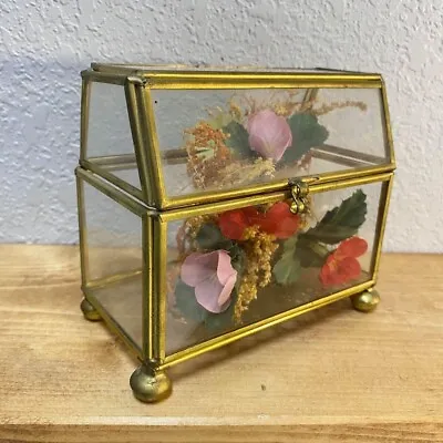 Vintage Brass Glass Display Box W/ Lid Corsage Flower Preserve • $19