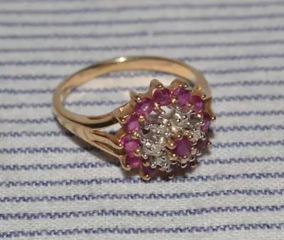 Vintage 10K Yellow Gold Ruby & Diamond Cluster Estate Cocktail Ring Sz. 6 • $179.99