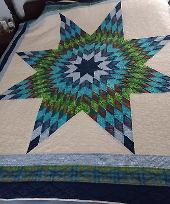 $107.99 • Buy Vintage Quilt  Lone Star Hand Quilted Blues Greens  70  X 80 