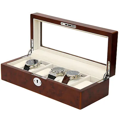 Watch Box Storage Case With 6 Slots Wood BURLWOOD Finish Display Window Lock Key • $34.95