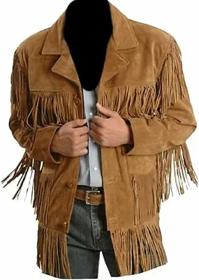 Men Western Cowboy Suede Leather Men Jacket With Fringed & Button -Tan Brown • $69.99