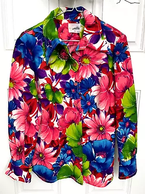 Vintage 70's Women's Flowers Hippie Shirt Bright Big Pointed Collar Polyester • $34.18