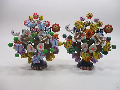 Set Of 2 CLAY TREES Of LIFE 100% Handmade Colorful Mexican Folk Art Lot • $79