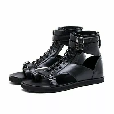 Men's Sandals Gladiator High Top Pu Leather Lace Up Roman Clip Toe Shoes  Sandal • $40.93