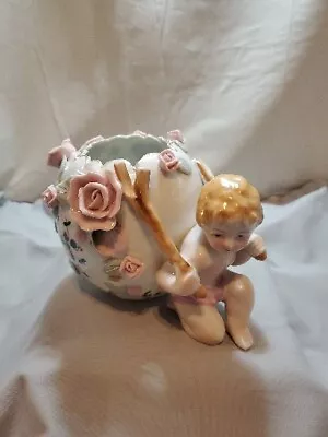 Vintage Hand Painted Basket And Cherub Bone China Applied Flowers • $32.99