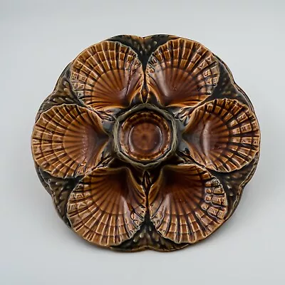 French Antique Majolica Oyster Plate SARREGUEMINES Signed Brown • $79