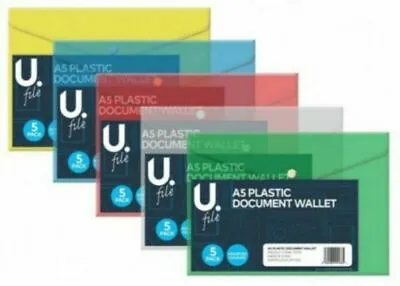 A5 Pack Of 5 Plastic Stud Document Wallet Filing Storage Office School Folderuk • £3.05