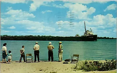 Vintage MI Postcard People St Clair River Marine City Freighter Ship Posted 1959 • $4.98