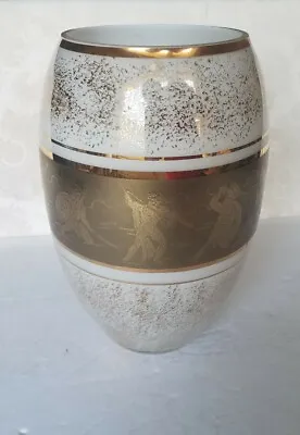 1950s Mid Century Modern Cased White Glass Vase Gold W Classic Greek Warriors • $24.26