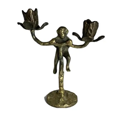 7” Brass Double Candle Holder Monkey Metal Gold Candelabra Vintage Antique • $27.73