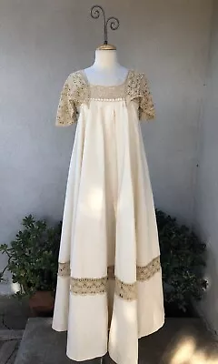 Vintage Mexican Tipicano Long Dress Beige Lace Cotton Wedding Sz XS • $300