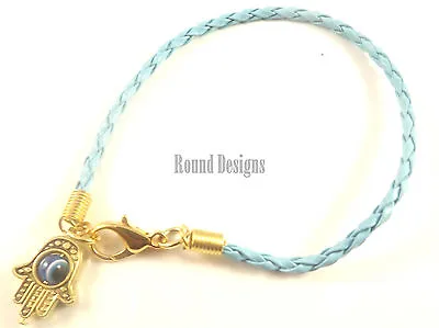 Hamsa Light Blue Leather Bracelet Evil Eye Kabbalah Gold Hand Of Fatima Charm • £2.79