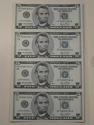 CU Crisp 4 Note SHEET $5 FIVE Dollar  Big Head  2006 FRN Notes HF/A Block.  #26 • $79.97