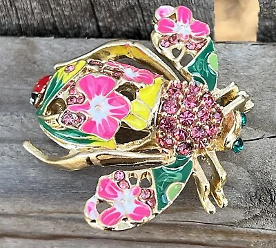 Vintage Enamel Crystal Rhinestone Bee Insect Bug Flower Brooch Pin Hot Pink Big • $12.59