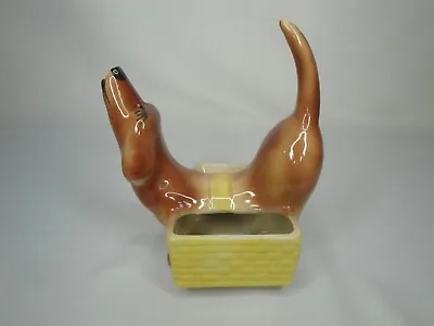 Vintage Art Pottery Dog Ring Sponge Holder Planter Dachshund Weiner Yellow Brown • $20.11