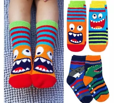 Jefferies Socks Boys Gripper Dinosaur Shark Monster Pattern Slipper Socks 2 Pair • $12.99