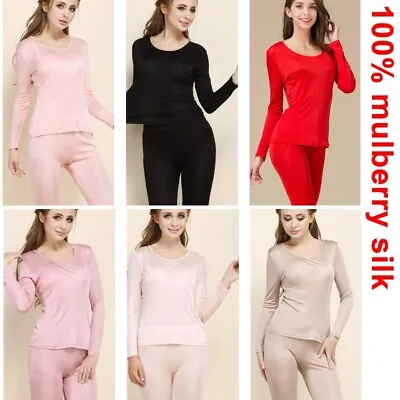 $68.22 • Buy Womens Girls 100% Pure Silk Long Johns Set Thermal Underwear Shirts Nightwear