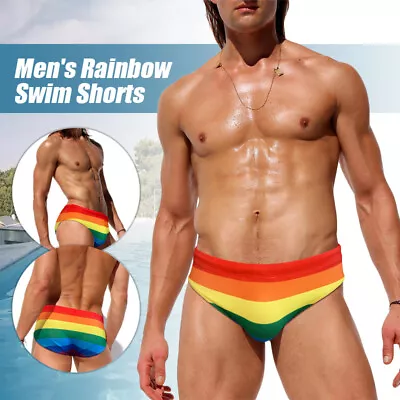 Men Swimming Trunks Anti Embarrass Clothing Rainbow Pattern Swimwear Shorts • £10.33