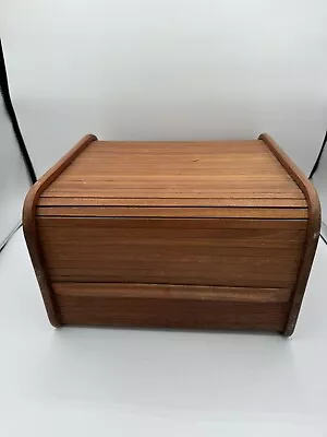 Vtg Mid Century Teak  Box W Tambour Rolling Top Made In Thailand 11.75” *read* • $29.99