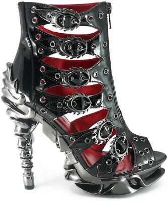 Hades CRIMSON Black Patent Ankle Boots Buckles Eyelets 5  Spinal Heel Zip 6-11 • $175