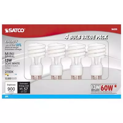 Satco S6235 Soft White 13W 120V T2 2700K Compact CFL Bulb 4.13 L X 1.81 Dia. In. • $18.21
