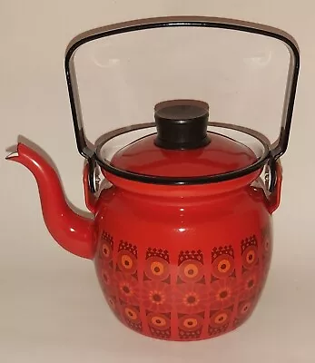Vintage MCM Red Daisy Enamel Enamelware Finel Arabia Kaj Franck Teapot  • $95