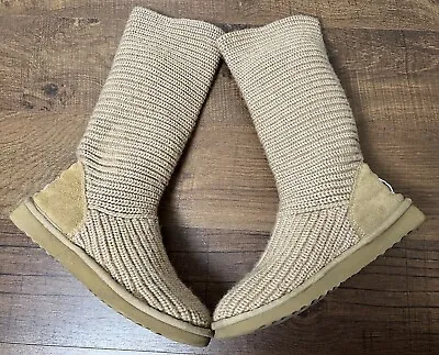 UGG Australia Womens Knit Cardy Boots Oatmeal Crochet Sheepskin Tan Size 8 • $28.99