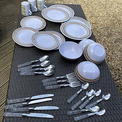 Melamine  8 Plates & 4 Bowls Cutlery Camping Caravan  Dinner Set And Cool Bag • £24.99