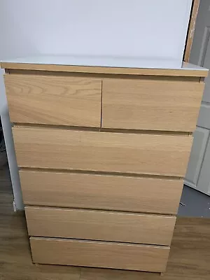 Ikea Malm Chest Of Drawers Oak Veneer 6 Drawers With Glass Top • £30