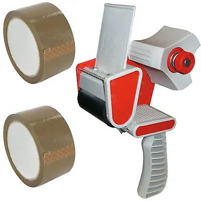 Packing Packaging Tape Gun Dispenser + Free 2 Brown Tape Rolls 66m Parcel Tape • £6.95