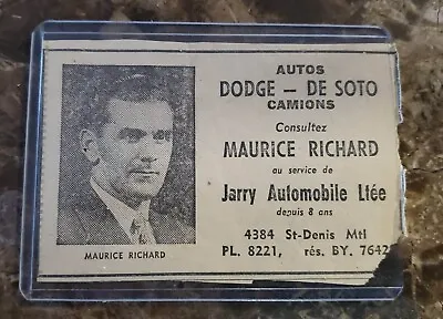*Collectible Newspaper Add - Maurice Richard Car Seller In Montreal - Jarry Auto • $115.23