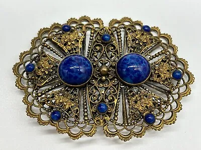 Vintage Lapiz Lazuli Gold Tone Filigree Pendant 1920s Victorian Elegant Estate • $79.99