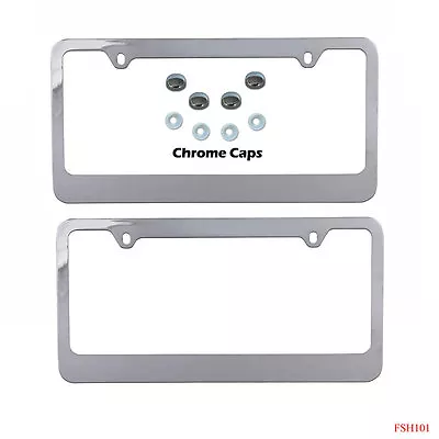 New 2pc Set Blank Plain Chrome Metal Car Truck License Plate Frame & Screw Caps • $17.34