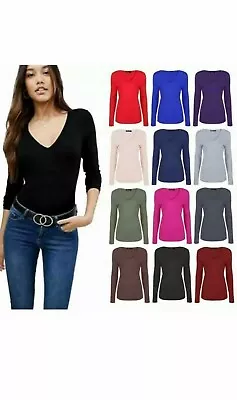 Women Ladies Girls V Neck Long Sleeve Plain Slim Fit Basic Top Stretchy T-Shirt  • £7.49