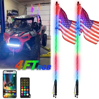 PAIR 4FT RGB Lighted LED Whip Antenna W/Flag & Remote For ATV Polaris RZR UTV • $89.11