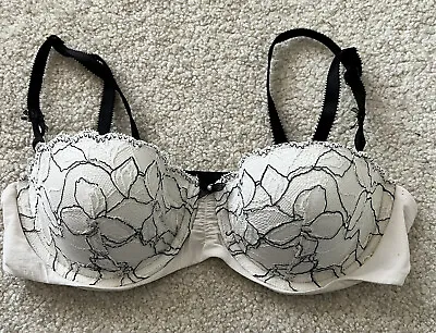 Victorias Secret Bra Sz 34B White Black Floral Lace Underwire Plunge Sexy Padded • $20