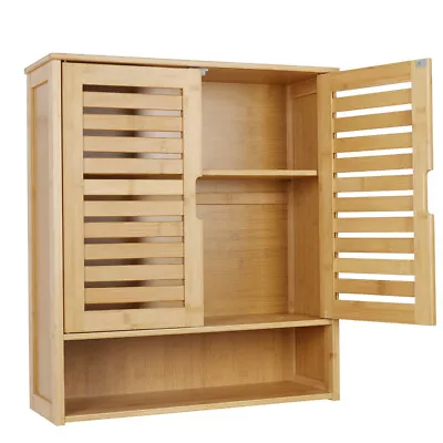 Bamboo Wall Cabinet Medicine Cabinet Storage Organizer Double Doors 3 Tier Shelf • $77.99