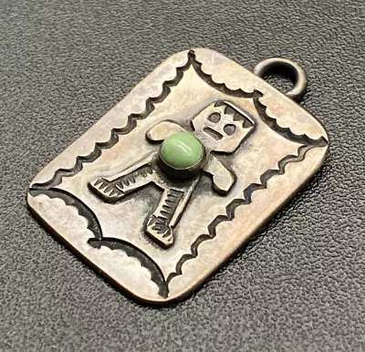 Vintage Southwestern Kachina Turquoise Hand Stamped Silver Pendant Fob • $145