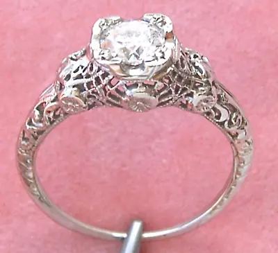 ANTIQUE FLORAL FILIGREE  .70 Ct DIAMOND WHITE 18K SOLITAIRE ENGAGEMENT RING 1920 • $2689