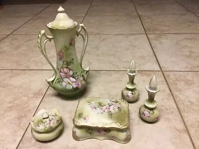 Vintage Nippon Vanity/Dresser Set Hand Painted Apple Blossom 5 Pieces • $35.99