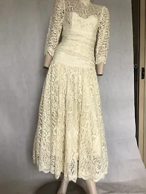 Vtg 80s White Lace Wedding Dress Party Garden Hippie Prairie Dress 10 • $185