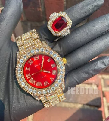 Men Hip Hop Iced Luxury Gold Pt Lab Diamond Red Dial Bling Watch & Ruby Ring Set • $39.99