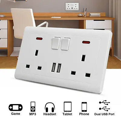 Double Wall Plug Socket 2 Gang 13A With 2 USB Ports Screwless Slim Flat Plate • £7.99