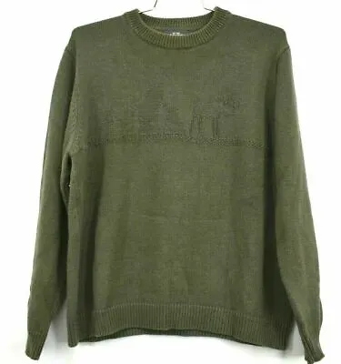 Woolrich Men's Large Olive Ramie Blend Knit Moose Forest Relief Heavy Sweater • $8.39