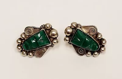 Vintage Sterling Silver Taxco Green Onyx Masks Mexico Screw Back Earrings • $25.99