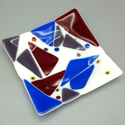 7  Square Studio Art Fused Glass Dish/Plate MCM Triangles With Random Millefiori • $24.95